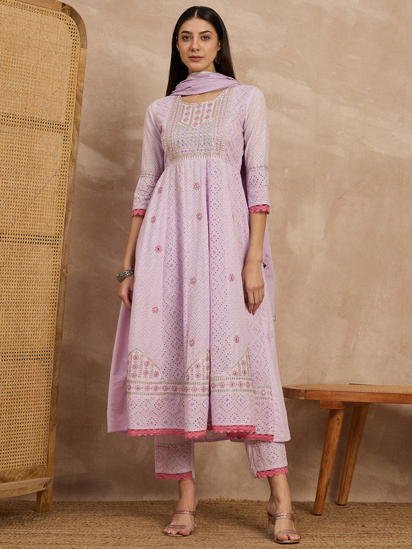 Ethnic Motifs Embroidered Anarkali Kurta With Trousers And Dupatta