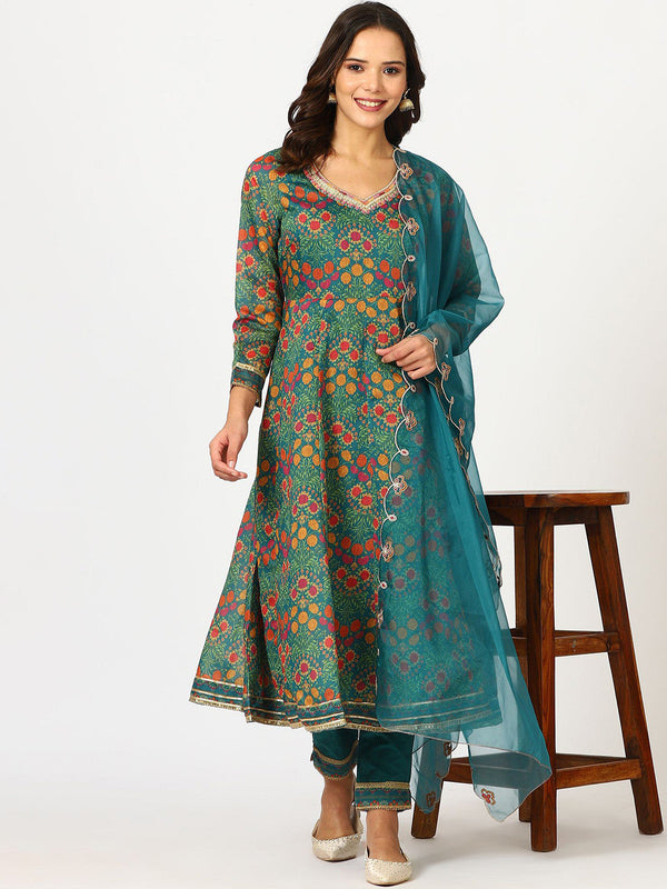 Teal Blue Floral Printed Three-Quarter Sleeves Sequinned Kurta & Trouser & Dupatta