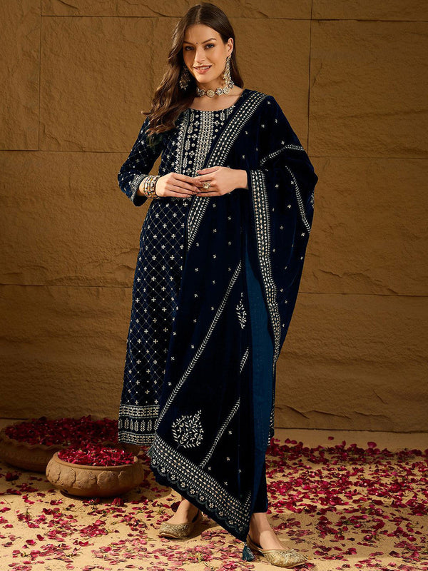 Embroidered Velvet Straight Kurta With Trousers And Dupatta