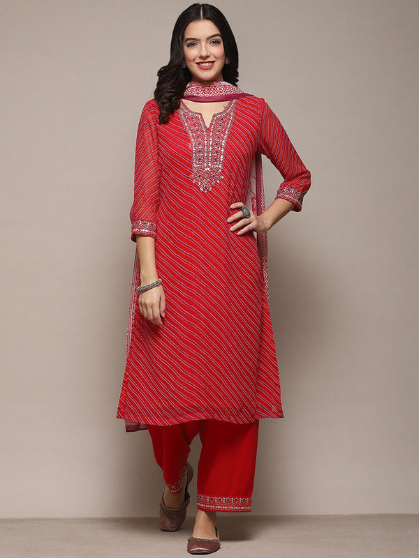 Leheriya Printed Beads And Stones Regular Kurta With Palazzos & Dupatta