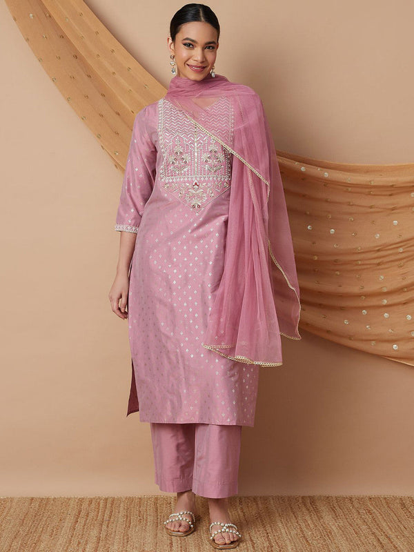Embroidered Notch-Neck Straight Kurta With Palazzos And Dupatta