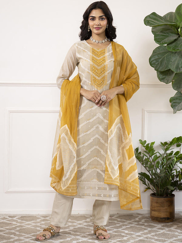 Mustard Yellow Ethnic Motifs Embroidered Pure Cotton Kurta With Trousers & Dupatta