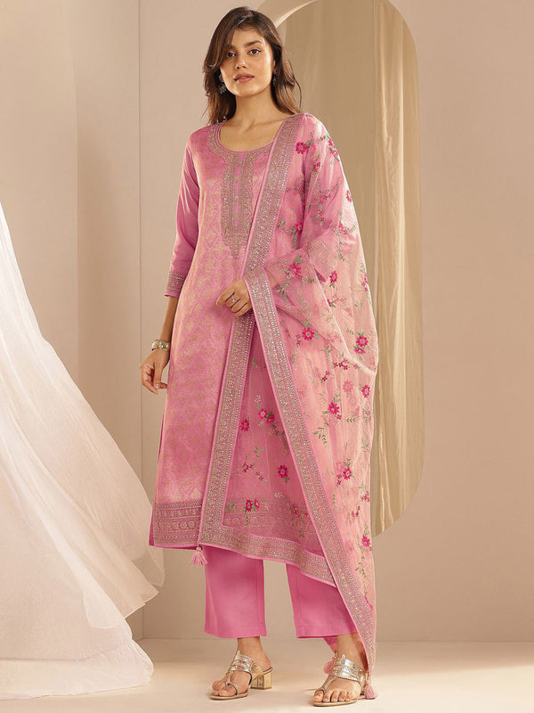 Floral Woven Design Zari Straight Kurta With Trousers And Dupatta