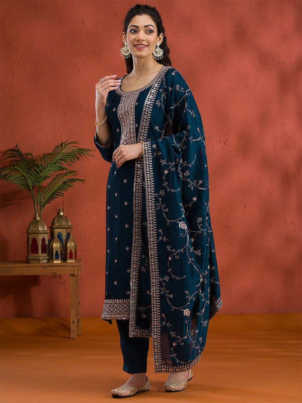 Women Floral Embroidered Straight Kurta with Trousers & Dupatta
