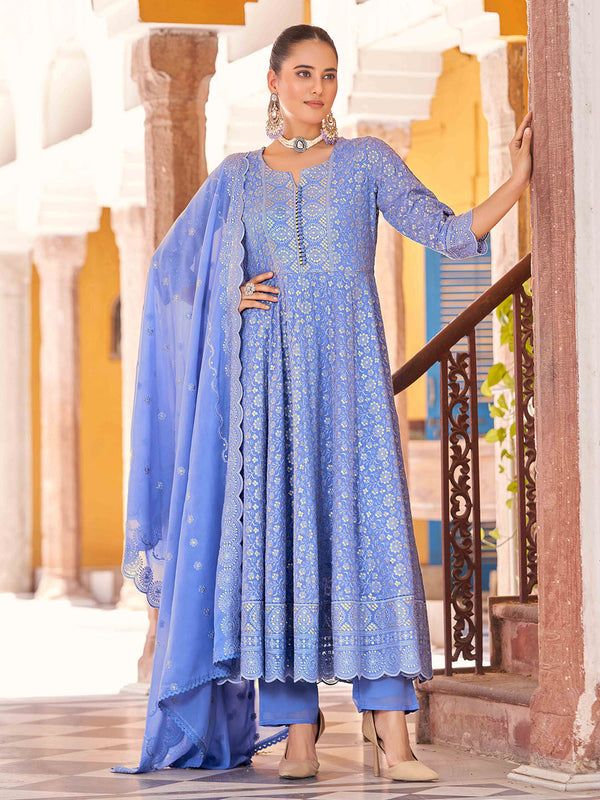 Chikankari Embroidered Kurta with Trousers & Embroidered Dupatta