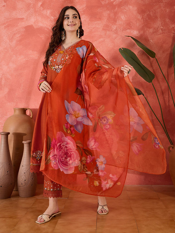 Floral Embroidered Schiffli Lace V-Neck Kurta With Trouser And Dupatta
