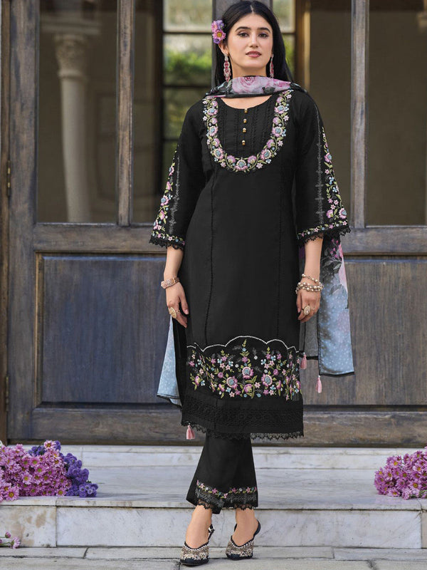 Floral Embroidered Thread Work Pure Cotton Straight Kurta With Trouser And Dupatta