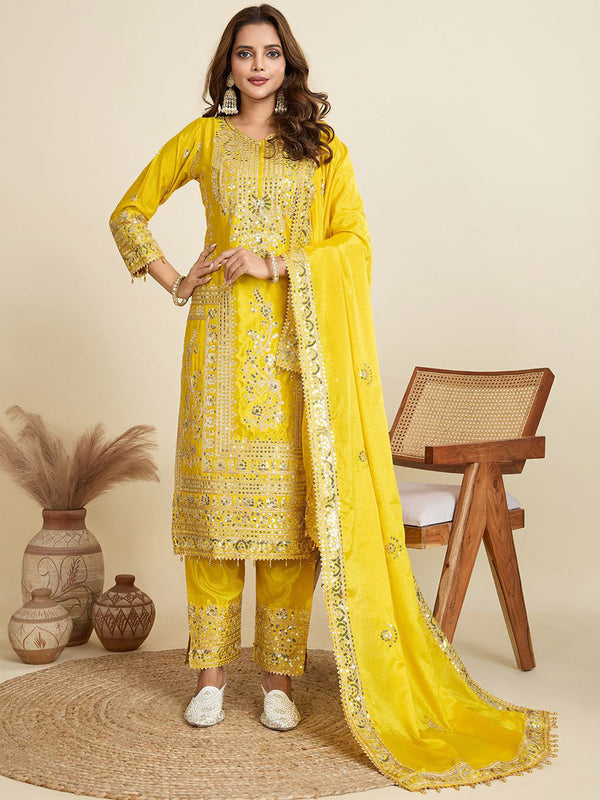 Floral Embroidered Sequinned Georgette Straight Kurta With Trousers & Dupatta