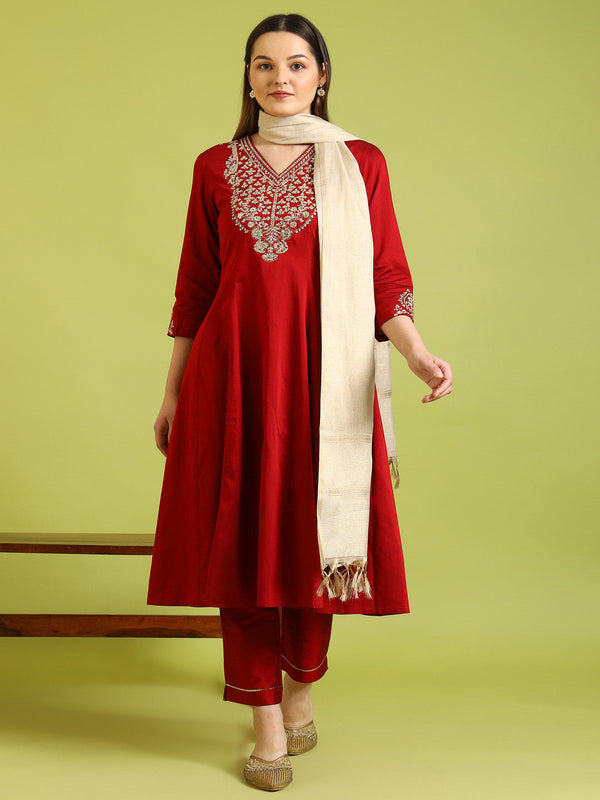 Red Floral Embroidered V-Neck A-Line Kurta With Trousers And Dupatta