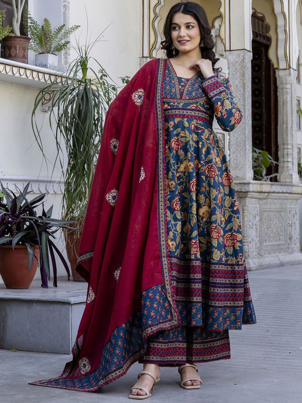 Floral Printed V-Neck Sequinned Pure Cotton Anarkali Kurta With Palazzo And Dupatta
