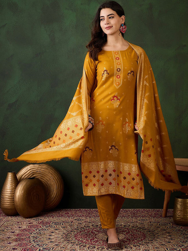Floral Woven Design Winter Pashmina Kurta & Trouser With Dupatta