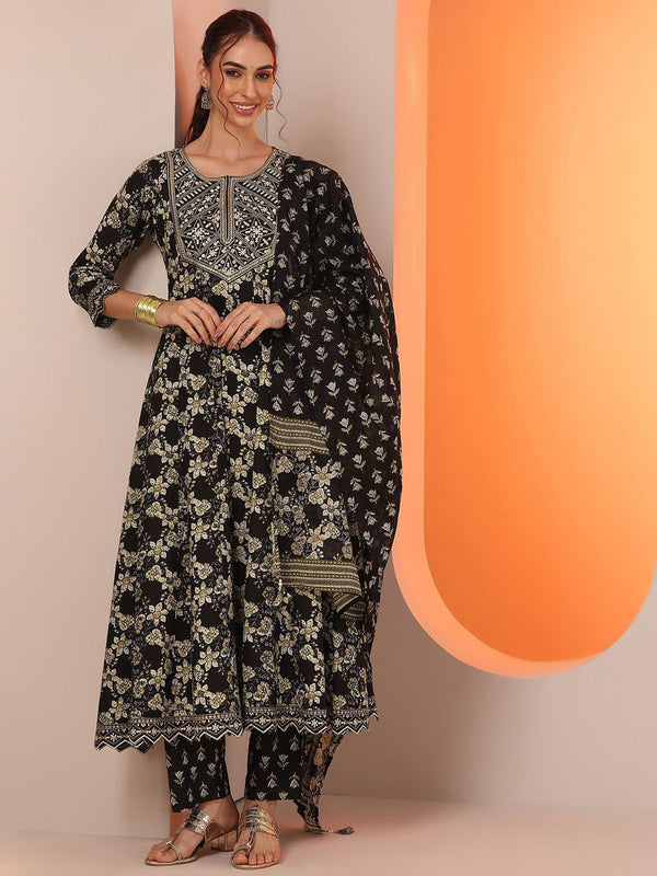 Womens Black Printed Cotton Anarkali Kurta With Trousers & Dupatta