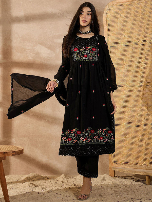 Floral Embroidered Thread Work Organic Cotton Straight Kurta With Trousers & Dupatta