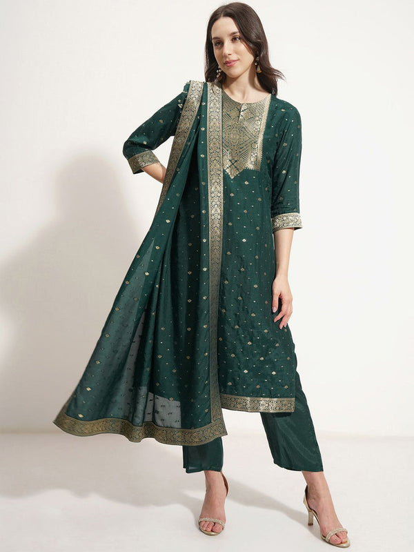 Floral Printed Notch Neck Zari Pure Silk Straight Kurta With Trousers & Dupatta