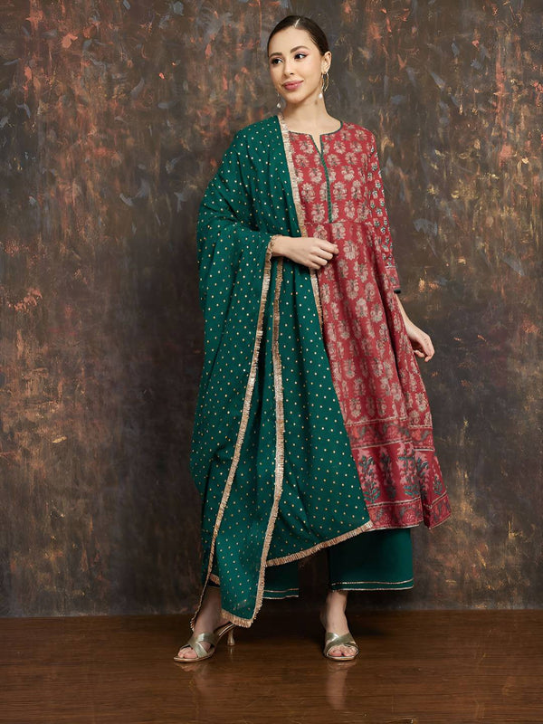 Floral Printed Pure Cotton A-Line Kurta With Palazzos & Dupatta
