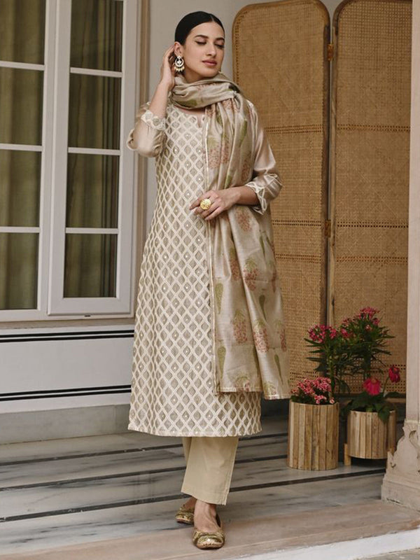Embroidered Thread Work Chanderi Cotton Kurta With Trousers & Dupatta