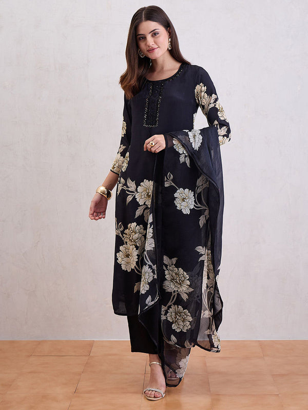 Floral Printed Sequinned Straight Kurta With Trousers & Dupatta