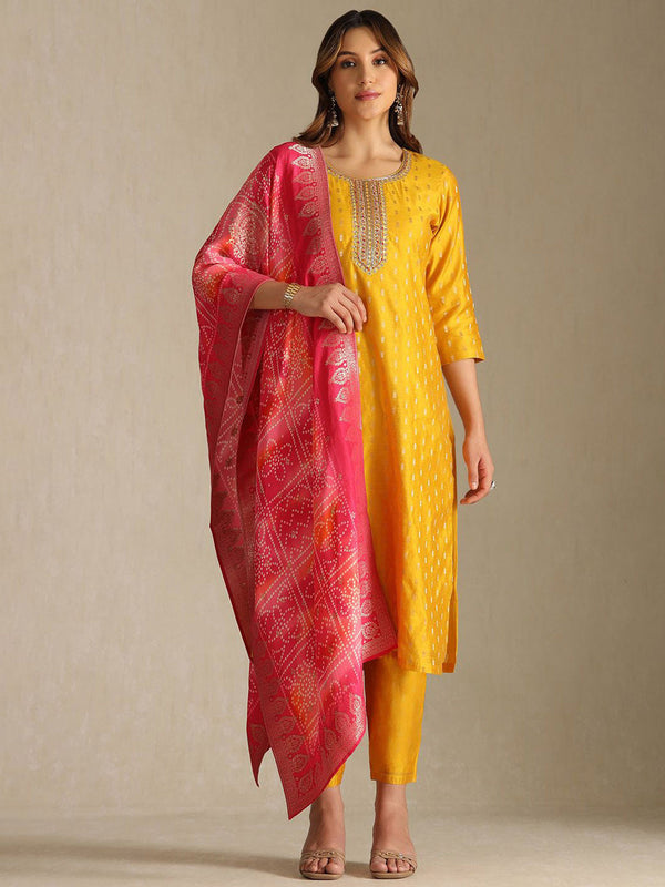 Floral Woven Design Zardozi Kurta With Trousers & Dupatta