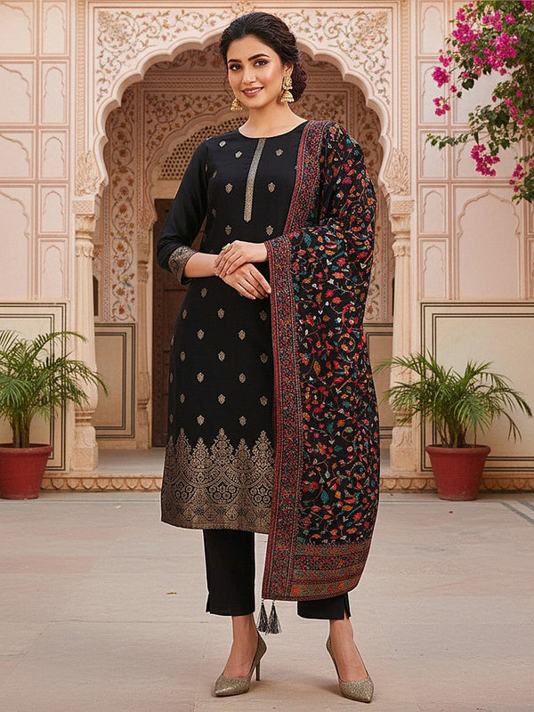 Floral Woven Design Zari Straight Kurta With Trousers & Dupatta