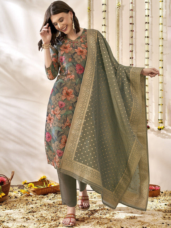Women Floral Printed Regular Aari Work Kurta with Trousers & With Dupatta