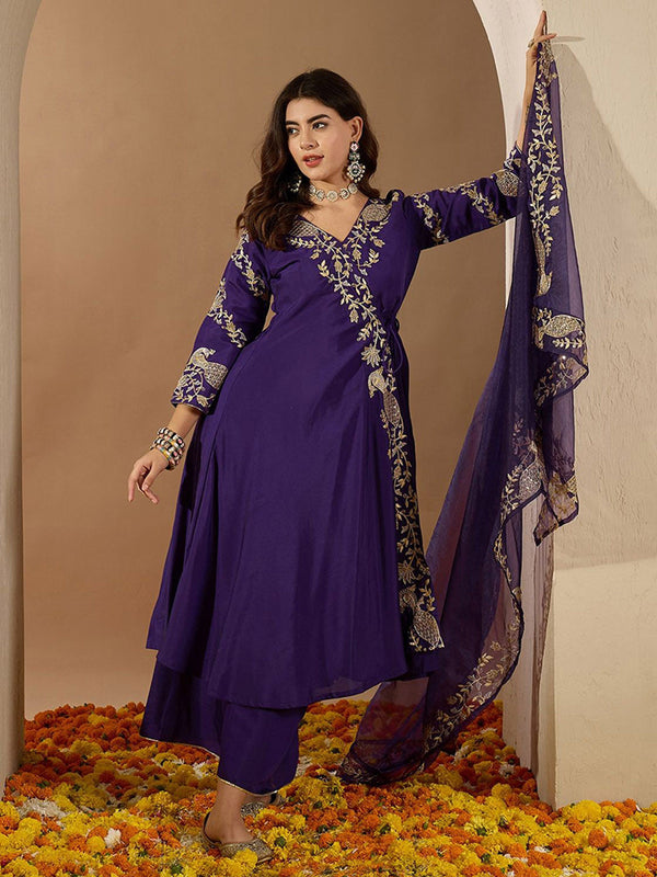 Women Ethnic Motifs Embroidered Empire Thread Work Pure Silk Kurta with Palazzos & With Dupatta