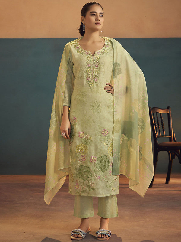 Floral Embroidered Thread Work Linen Straight Kurta with Trousers & Dupatta