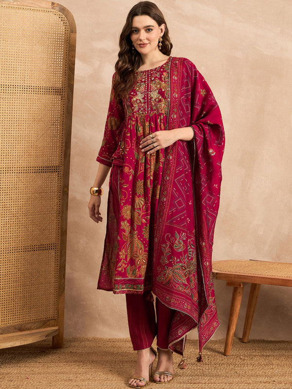 Red and Green Floral Printed Thread Work Chanderi Silk Kurta Set