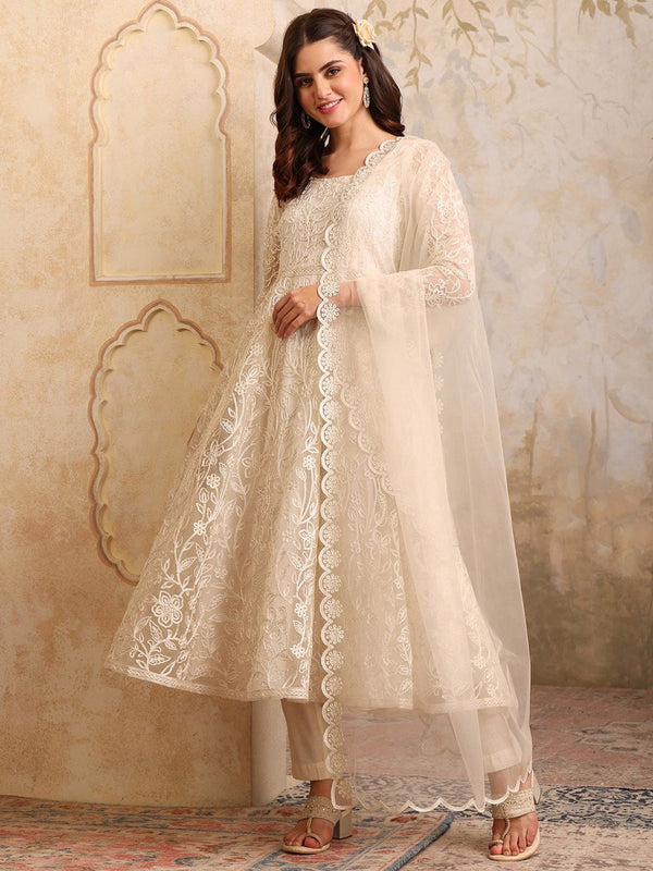 Women Floral Embroidered Round Neck Anarkali Kurta With Trousers & Dupatta