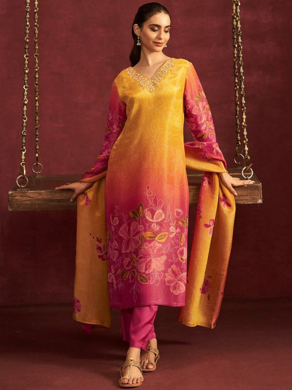 Women Floral Printed Beads and Stones Straight Kurta with Trouser & Dupatta