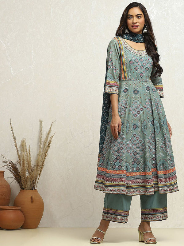 Ethnic Motifs Printed Pure Cotton Anarkali Kurta With Palazzos & Dupatta