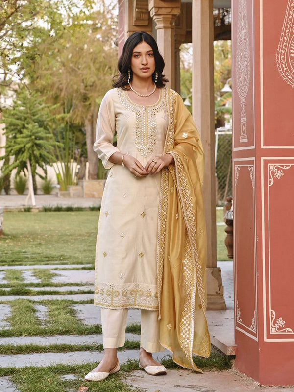 Floral Embroidered Chanderi Cotton Kurta With Trousers & Dupatta