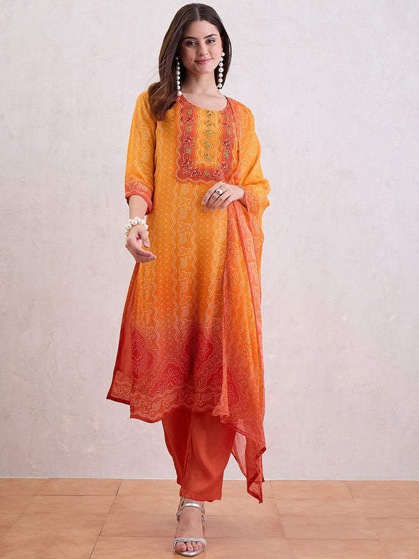 Bandhani Printed Beads and Stones Straight Kurta With Trousers & Dupatta