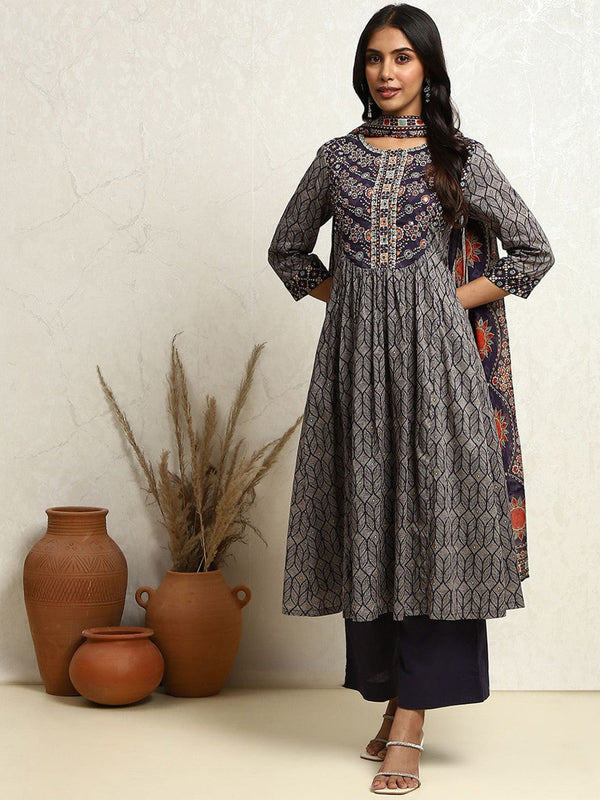 Ethnic Motifs Printed Beads & Stones Pure Cotton A-Line Kurta With Palazzos & Dupatta
