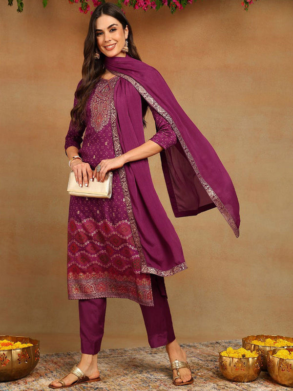Women Bandhani Embroidered Kurta with Trousers & Dupatta
